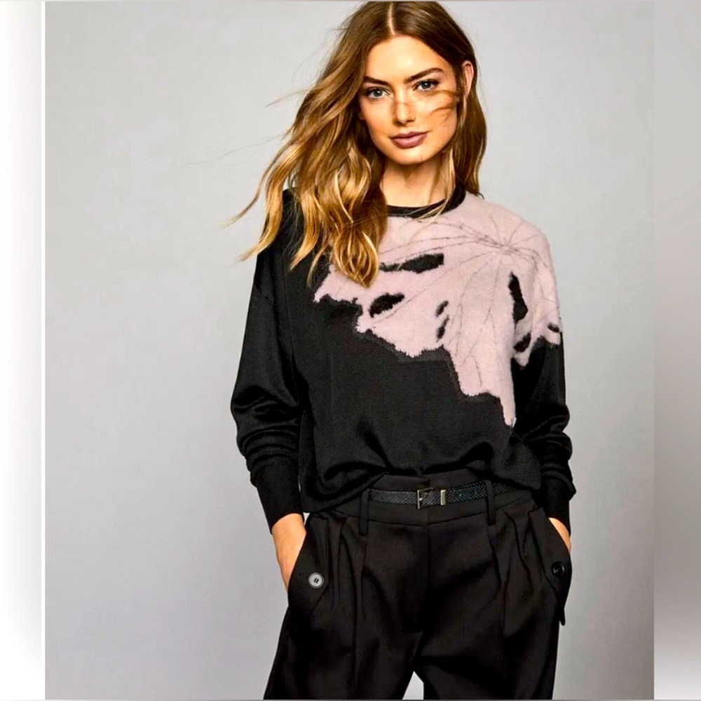 REISS Fleur Contrast Yarn Floral Detailed LS Sweater Women XS Black/Blush